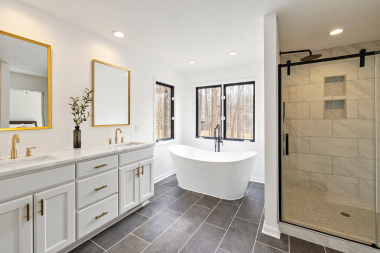 how to select the perfect countertops for your bathroom remodel large space with freestanding tub and tile shower custom built michigan