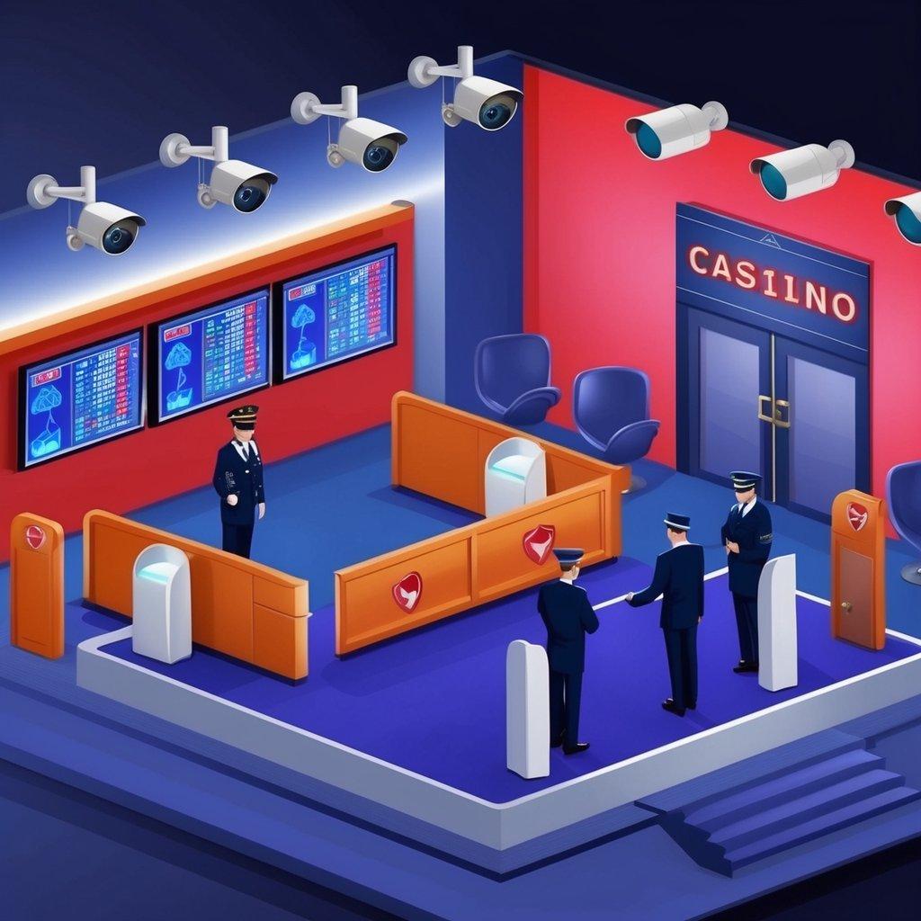 A secure casino setting with surveillance cameras, security personnel, and secure entrance checkpoints