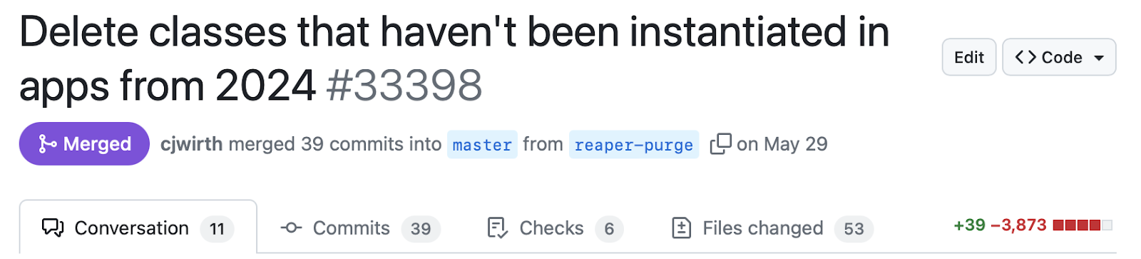 A screenshot from Github, where we store all of our source code, showing a code change that deletes 3,873 lines of code.