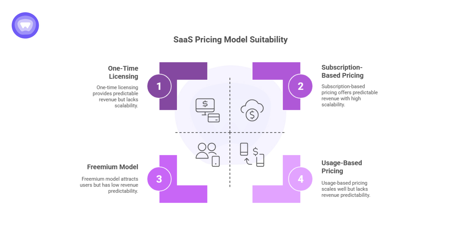 Infographic showing four pricing strategies for a white label SaaS business: one-time licensing, subscription, freemium, and usage-based models.