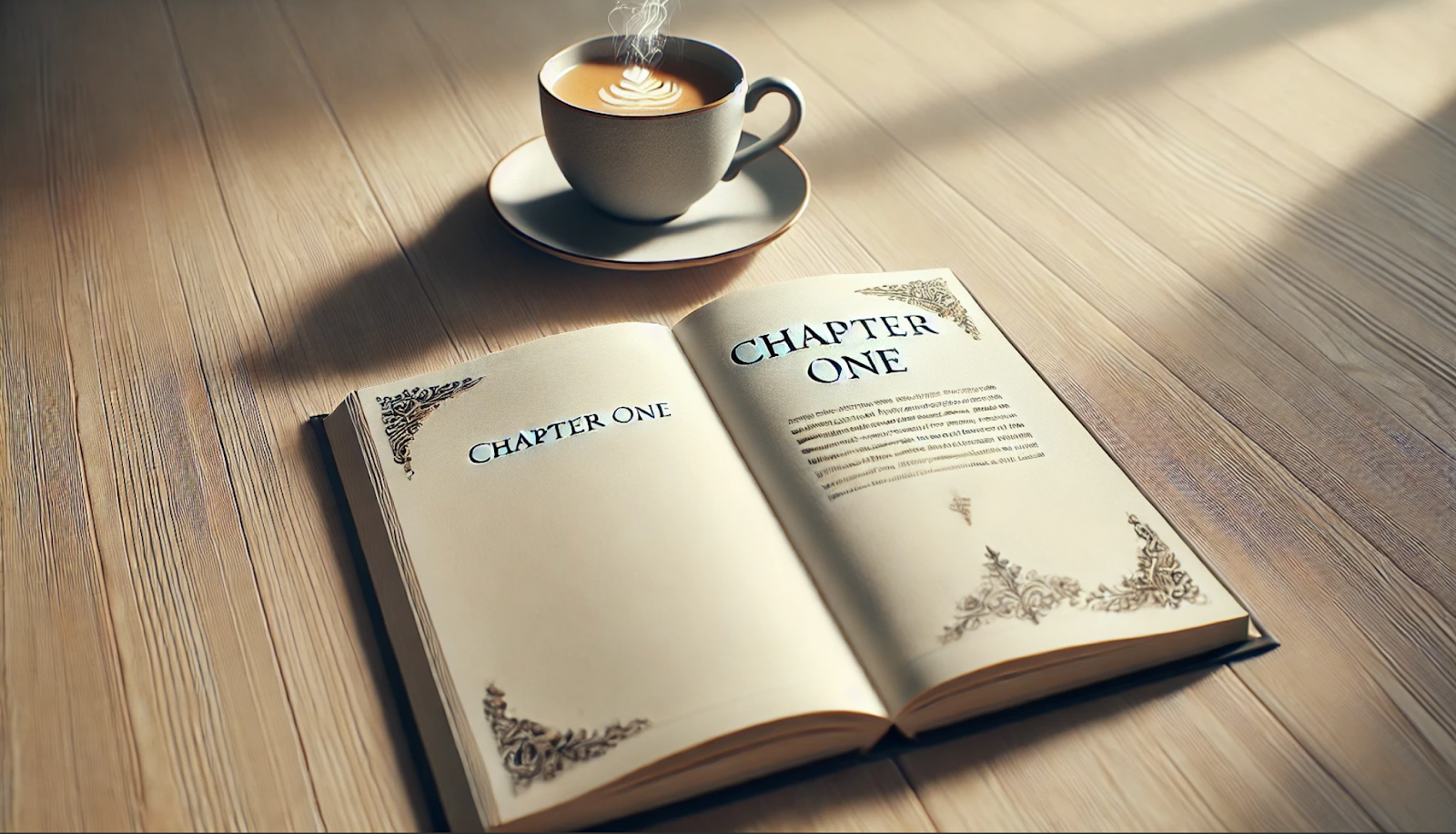 This image depicts an open book lying on a wooden surface, with the text "CHAPTER ONE" prominently displayed on the right-hand page, suggesting the beginning of a story. Above the book, a cup of coffee with a delicate foam art on top casts a soft shadow, adding a serene and contemplative mood to the scene. The warm lighting and the elegant, ornate borders on the book's pages create a peaceful reading environment, ideal for a quiet morning or afternoon.