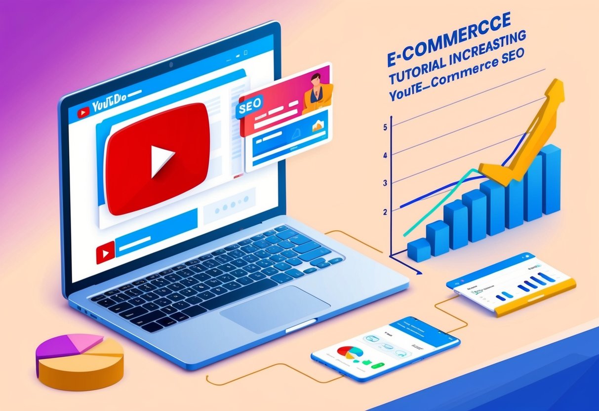 A laptop showing a YouTube video tutorial on e-commerce SEO, with a graph showing increased website traffic and sales