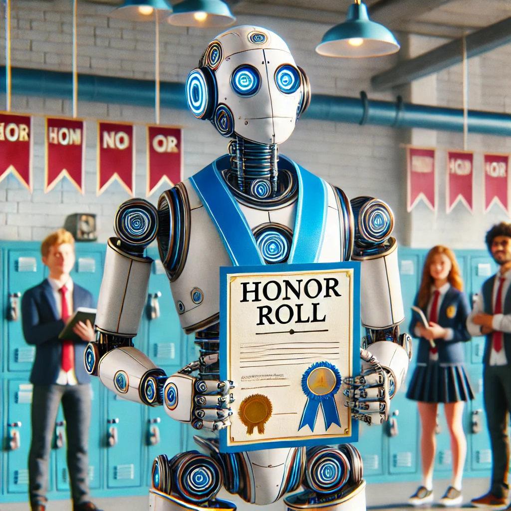 A robot holding a diploma in a classroom