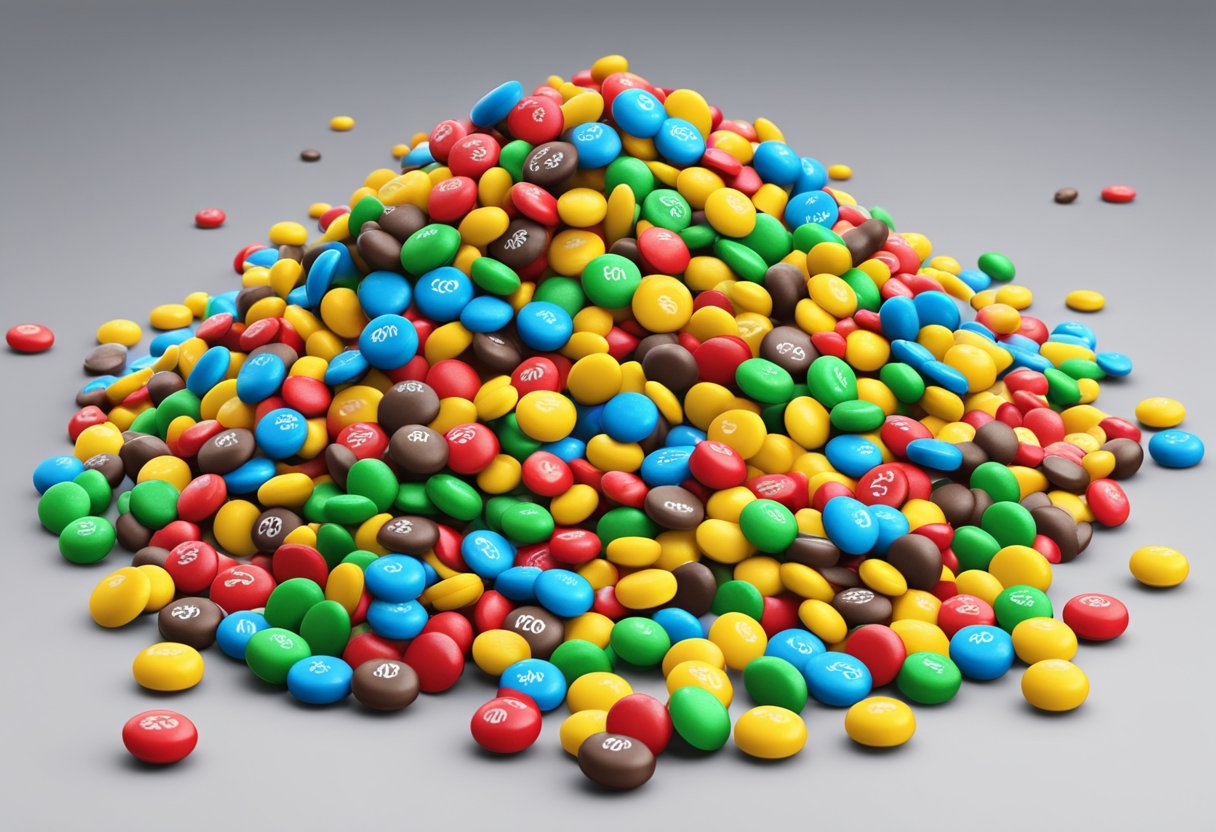 A colorful pile of custom M&M candies with a price tag next to them