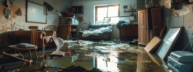 a flooded basement with damaged furniture and belongings not covered by insurance.