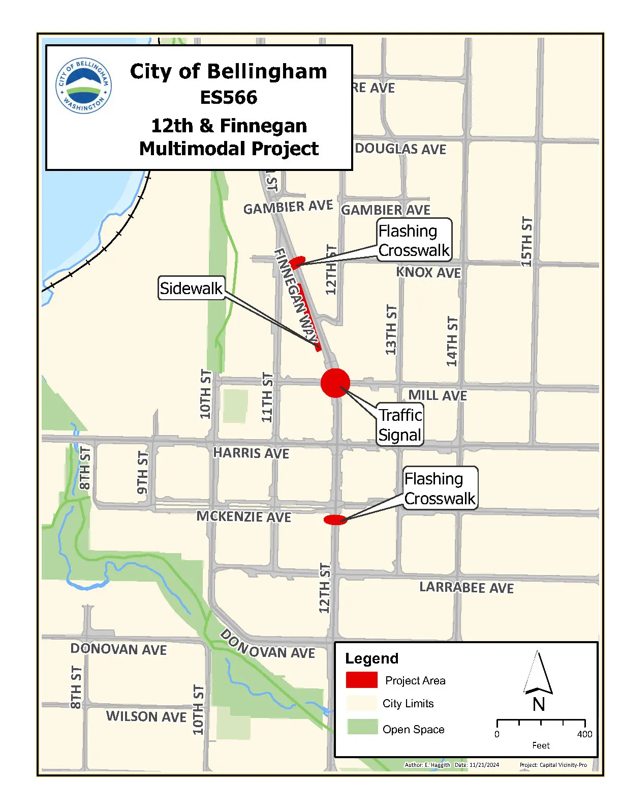 A diagram showing proposed new flashing crosswalk beacons, a traffic signals, and new sidewalk, are in the works for 12th Street and Finnegan Way in Fairhaven. 