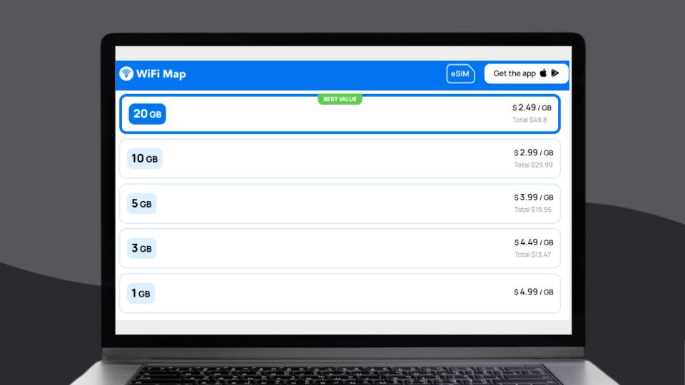 The pricing plans offered by WiFIMap for their eSIM for Paris