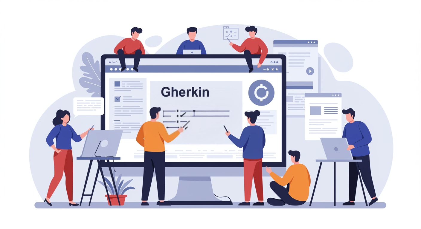 Development team collaborating on Gherkin scenarios for behavior-driven development