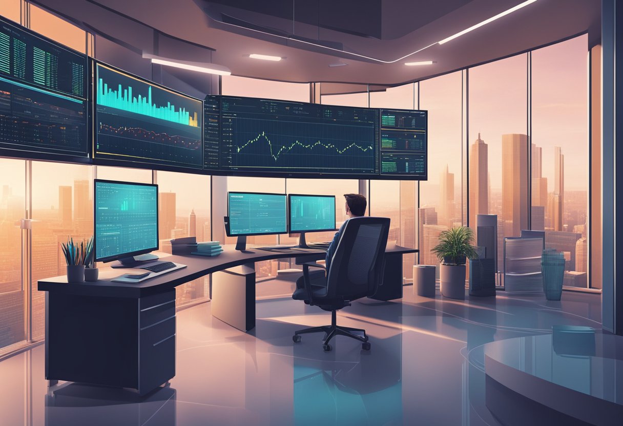 A sleek, futuristic office with a large screen displaying stock market data. An AI algorithm hovers above, analyzing and making precise trading decisions