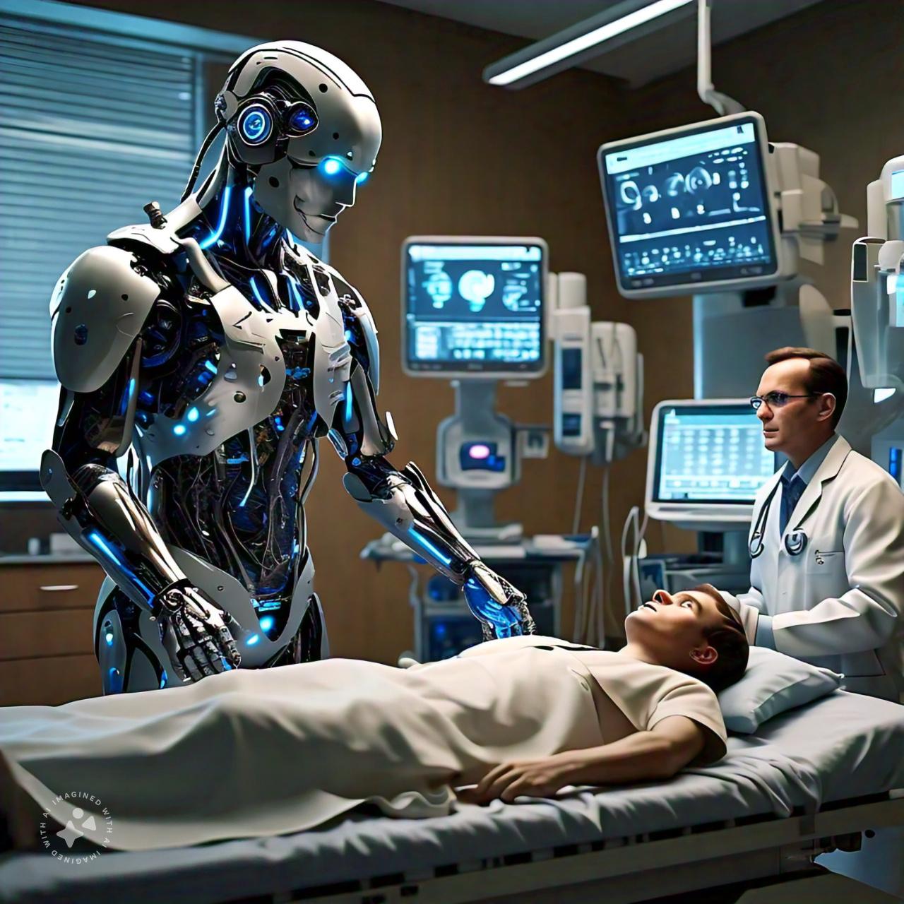 A robot looking at a person lying on a bed in a room with other people<br />
<br />
Description automatically generated