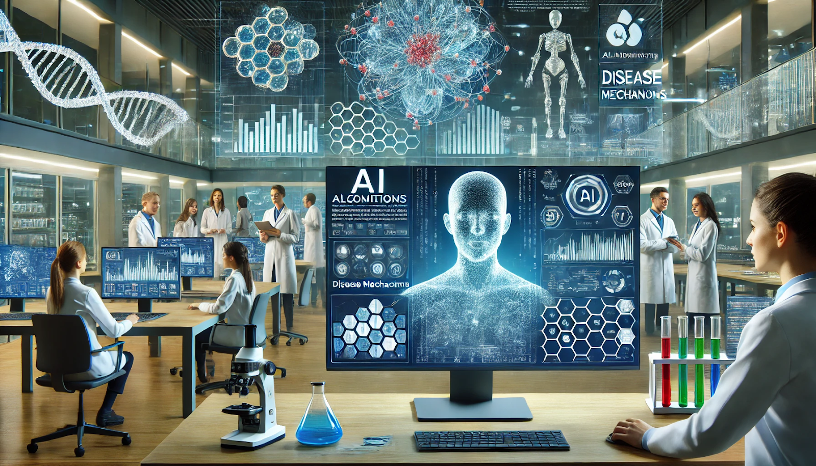 AI algorithms analyzing biological data to identify disease mechanisms, with scientists collaborating in a modern lab setting.