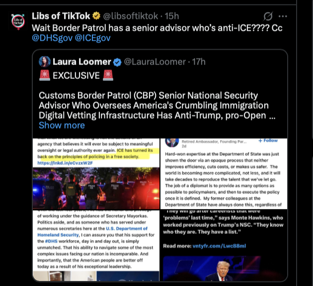 Libs of TikTok amplified Loomer's report on Monte Hawkins calling on DHS to terminate him.