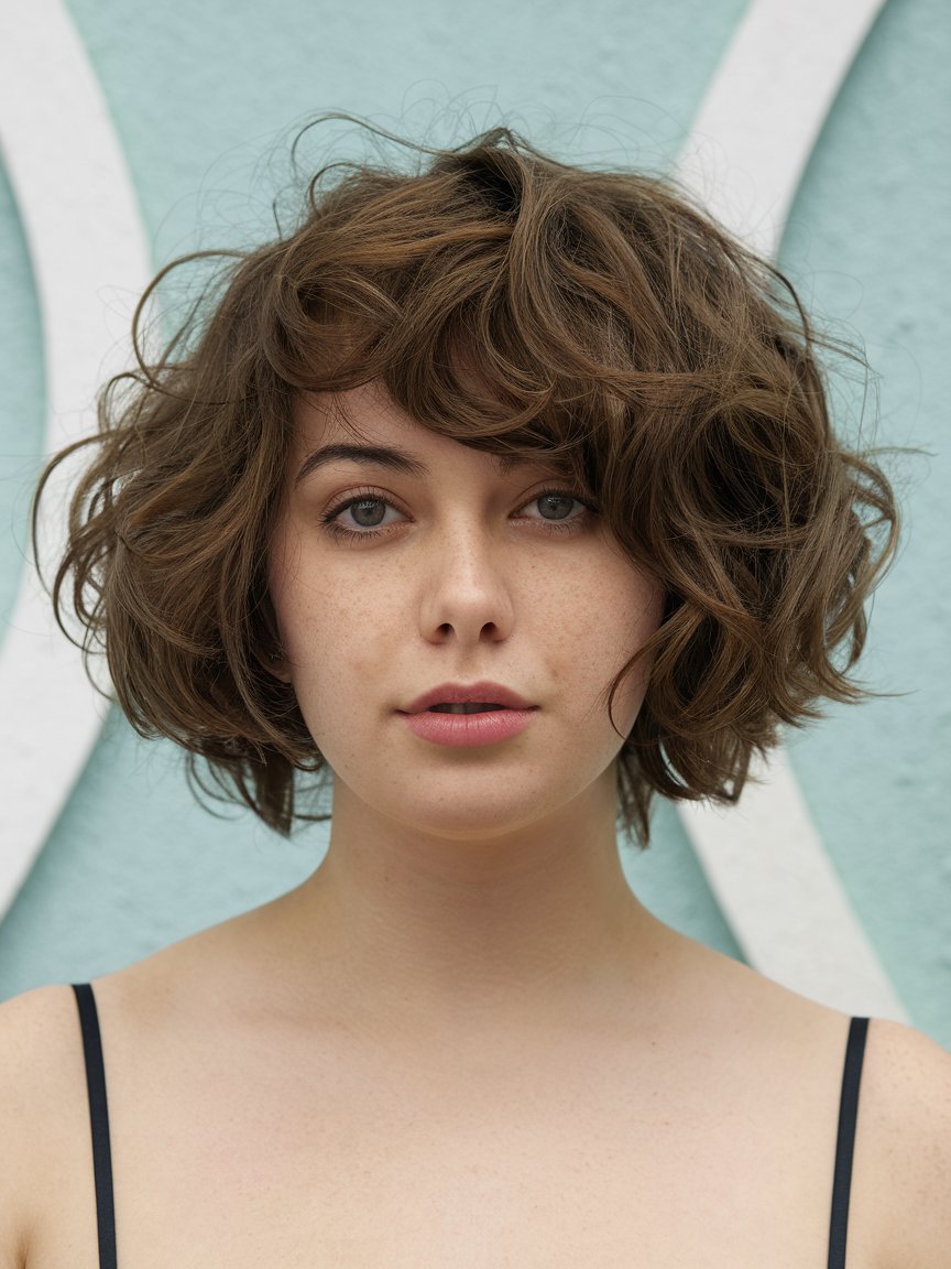 43. Curly Messy Bob with Side Bangs