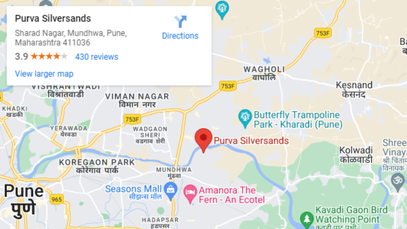 Purva Silversands location on Google Maps.