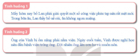 CHỦ ĐỀ 5. EM VỚI GIA ĐÌNHBÀI 1. KĨ NĂNG CHĂM SÓC NGƯỜI THÂN KHI BỊ ỐM, MỆTHoạt động 1: Chia sẻ về kĩ năng chăm sóc người thân khi bị mệt, ốmCâu 1: Nghiên cứu các trường hợp sau:Em có nhận xét gì về kĩ năng chăm sóc người thân bị mệt, ốm của các bạn trong các tình huống trên? Em có cách chăm sóc nào khác?Đáp án chuẩn:- Tình huống a: Uống nước chanh khi đói: Gây đau dạ dày.- Tình huống b: Tự ý cho người ốm uống thuốc, đặc biệt kháng sinh: Nguy hiểm.Câu 2: Chia sẻ thêm về kĩ năng chăm sóc người thân khi bị mệt, ốm mà em biết.Đáp án chuẩn:- Hỏi về tình trạng sức khoẻ.- Đỡ lên giường nghỉ ngơi.- Có biện pháp xử lí thích hợpHoạt động 2: Xác định việc nên, không nên khi chăm sóc người thân bị mệt, ốmCâu 1: Xác định việc nên, không nên làm khi chăm sóc người thân bị mệt, ốm.Đáp án chuẩn:Việc nên làmViệc không nên làmCho uống thuốc theo chỉ dẫn của bác sĩTuỳ tiện cho uống thuốcCho ăn đồ ăn nóng, mềm, dễ tiêu hoá: cháo, súp,…, ăn nhiều hoa quảCho uống nước chanh khi bụng đang đói hoặc ăn đồ cay nóng,…Giữ thái độ nhẹ nhàng, ân cầnTức giận, nổi nóng với người bệnhVệ sinh cho người bệnh, phòng bệnh và nơi ở thường xuyênChỉ cần vệ sinh cho người bệnh thường xuyên là đủKhuyến khích người bệnh vận độngKhông để người bệnh ra khỏi giường cho đến khi khoẻ lạiHoạt động 3: Sắm vai thể hiện kĩ năng chăm sóc người thân