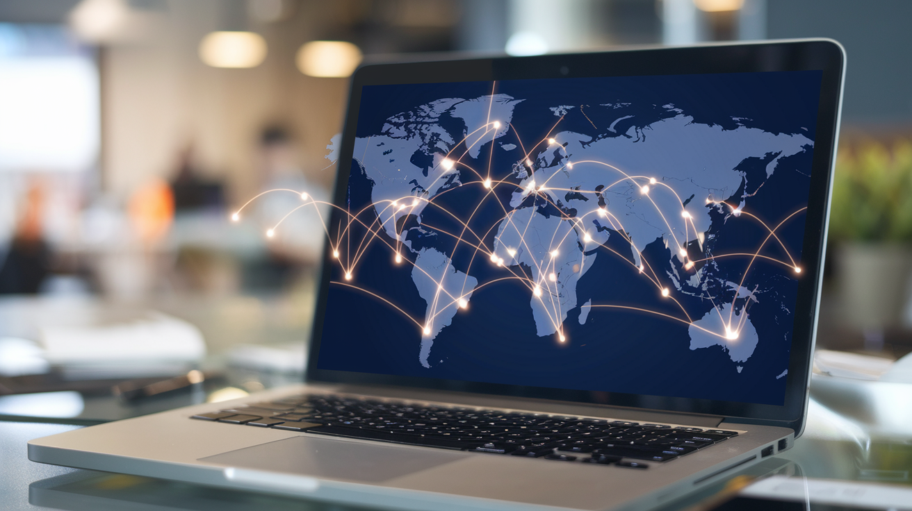 Create a realistic image of a digital world map with glowing connection lines stretching across continents, a laptop in the foreground displaying a professional website, and diverse silhouettes of people around the globe, symbolizing expanded market reach through online presence.