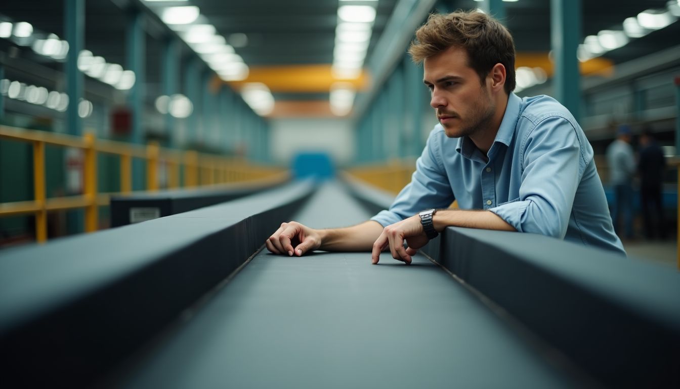 An engineer examining rubber conveyor belts in a Malaysian manufacturing plant.