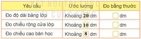 BÀI 57 THỰC HÀNH VÀ TRẢI NGHIỆM ĐO ĐỘ DÀII.HOẠT ĐỘNG 1Câu 1: Làm thước dây.Chuẩn bị một dải dây dài hơn 3 m.Dùng thước 1 m. Từ đầu dây, cứ 1 m em hãy vạch một vạch đỏ.Dùng thước kẻ có vạch chia đề-xi-mét. Từ đầu dây, cứ 1 dm em hãy vạch một vạch xanh (trừ chỗ đã có vạch đỏ).Đáp án chuẩn:Các em tiến hành làm theo hướng dẫn để hoàn thành làm thước dây.Câu 2: Em hãy ước lượng độ dài của một số đồ vật trong lớp theo yêu cầu, rồi dùng thước dây đã làm đo lại. Sau đó ghi kết quả vào phiếu thực hành.Đáp án chuẩn:Phần đo bằng thước các em tự đo trong phòng lớp học rồi điền vào bảng.Câu 3: Số? Đáp án chuẩn:Cổng trường em rộng khoảng 5 m.Tòa nhà em học cao khoảng 40 m.     b) Các em tự đo trong phòng lớp học rồi điền vào kết quả.II.HOẠT ĐỘNG 2