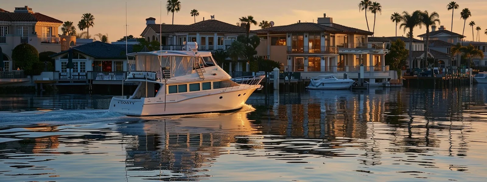 a luxurious white duffy boat gliding gracefully towards a charming waterfront restaurant in newport beach harbor.