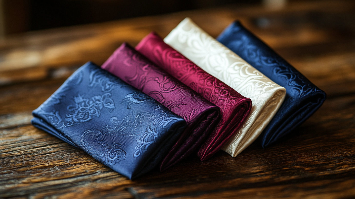 A collection of pocket squares neatly folded and placed on a rustic wooden surface. Included are a white pocket square, a navy pocket square with a silk sheen, a burgundy pocket square with a subtle pattern, and a cream-colored pocket square with fine detailing. Each pocket square is folded with care, arranged to add a polished, stylish touch to formal wedding outfits.