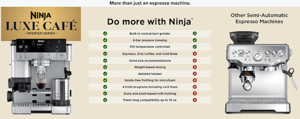 SharkNinja website page with a comparison chart for its espresso machine versus a generic espresso machine