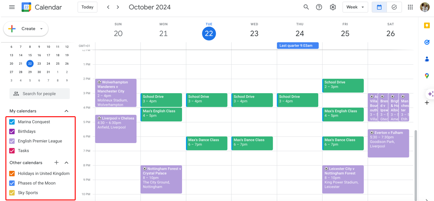 Overlaying different calendars in Google calendar.  