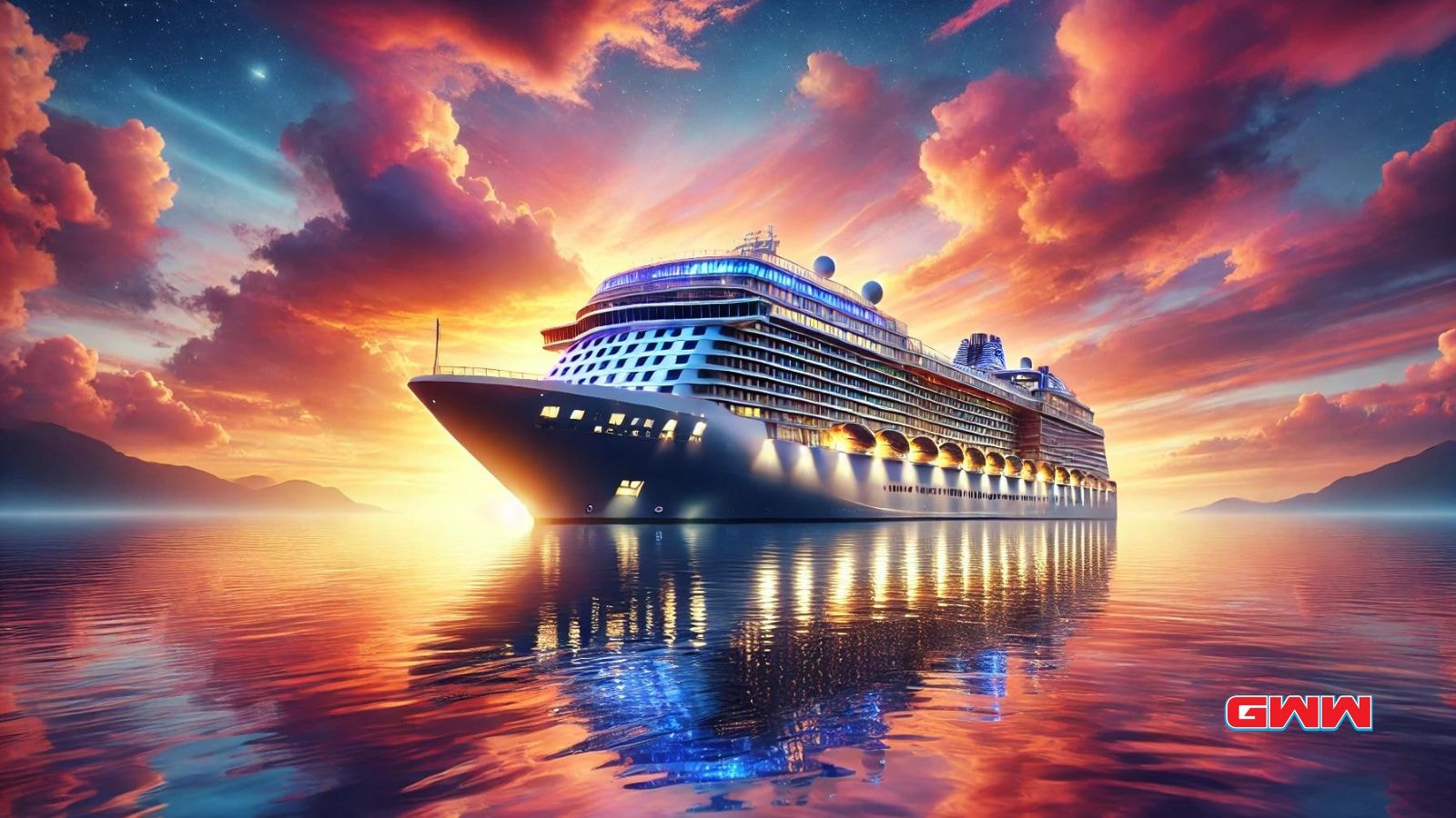 A luxurious cruise ship sailing towards the sunset on a calm ocean.