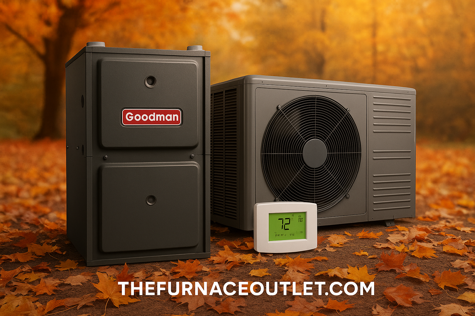 A Goodman furnace, outdoor condenser, and digital thermostat are displayed together on autumn leaves, with a vibrant fall forest in the background and "THEFURNACEOUTLET.COM" branding at the bottom.