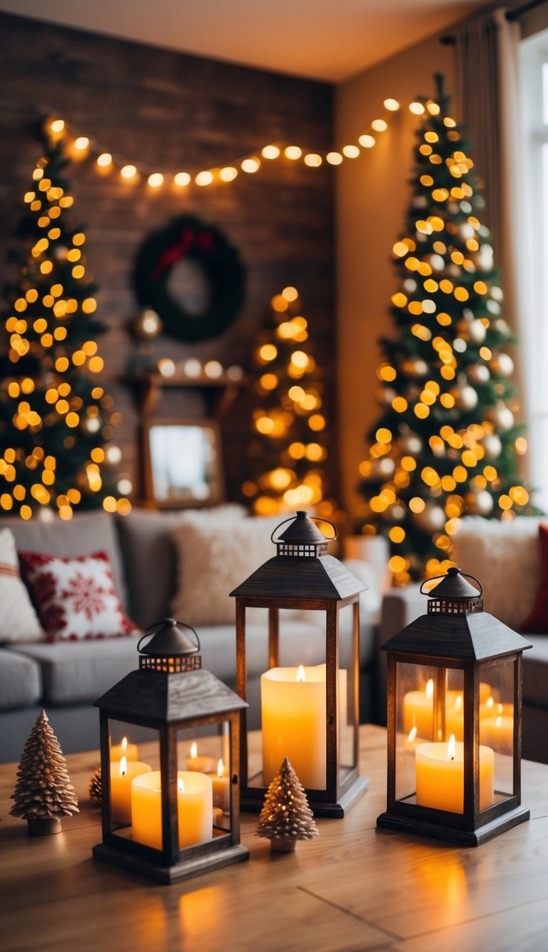 A cozy living room adorned with 24 rustic lantern candle holders, creating a warm and festive Christmas atmosphere