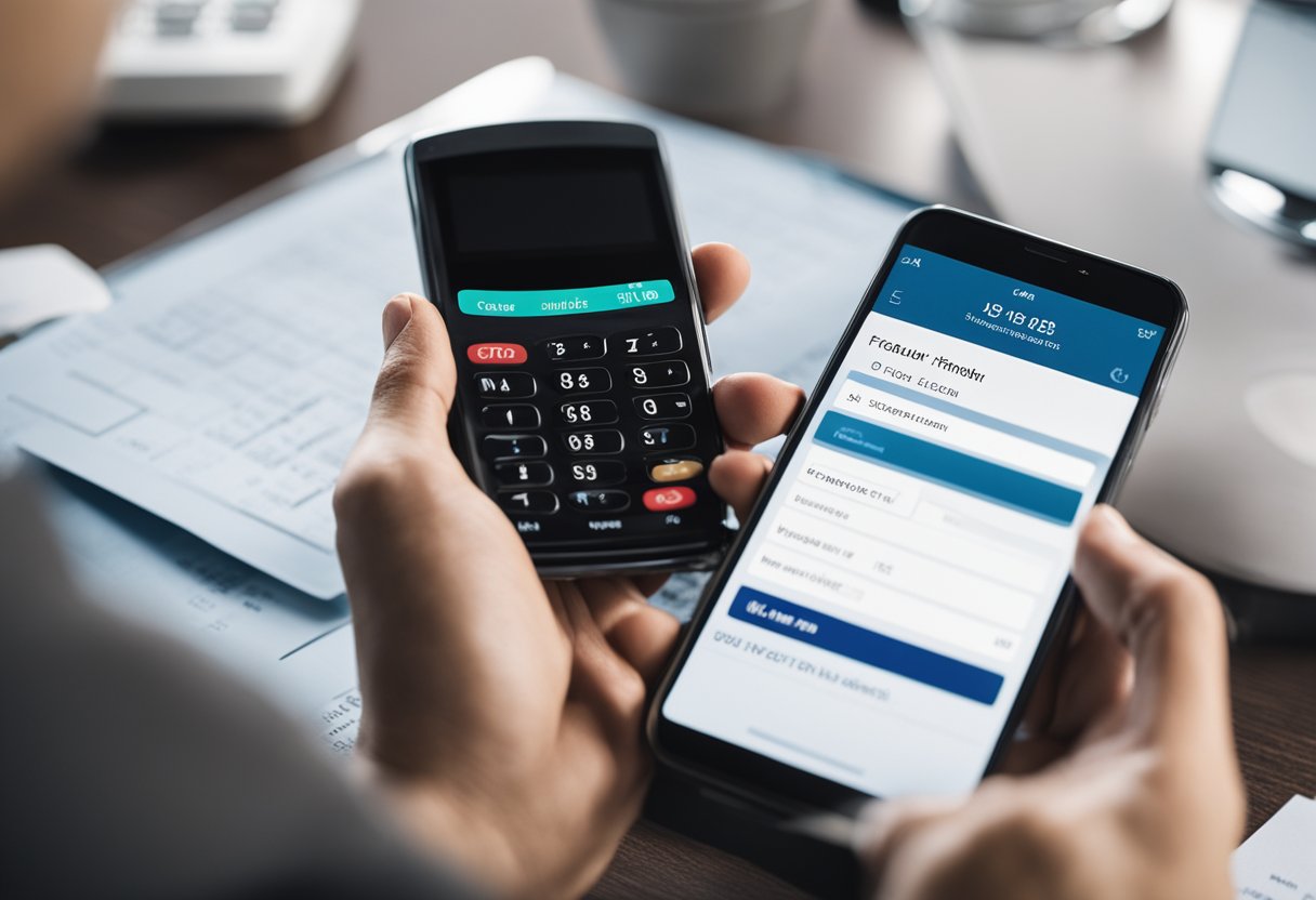 A person holding a fraudulent check, a phone, and a computer. They are dialing a phone number and filling out an online form to report the check fraud