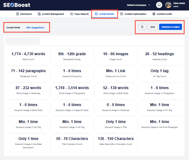 A snapshot of SEO suggestions in SEOBoost’s Content Briefs feature