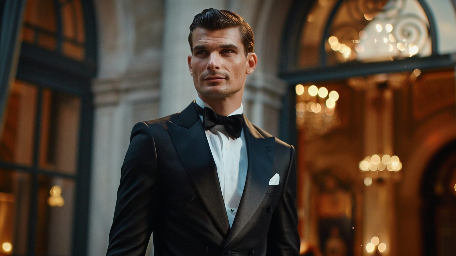 A man in a shawl lapel tuxedo with rounded lapels, soft and elegant style, minimalistic yet refined, ideal for a formal dinner or gala scene.