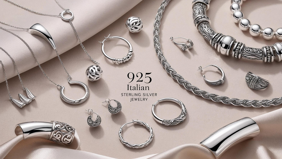 Elegant collection of 925 Italy sterling silver jewelry on soft satin background.