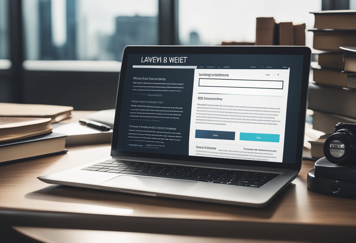 A laptop displaying a lawyer website with SEO elements, surrounded by legal books and a pen