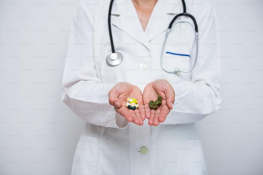 doctor holding cannabis and pills as alternative