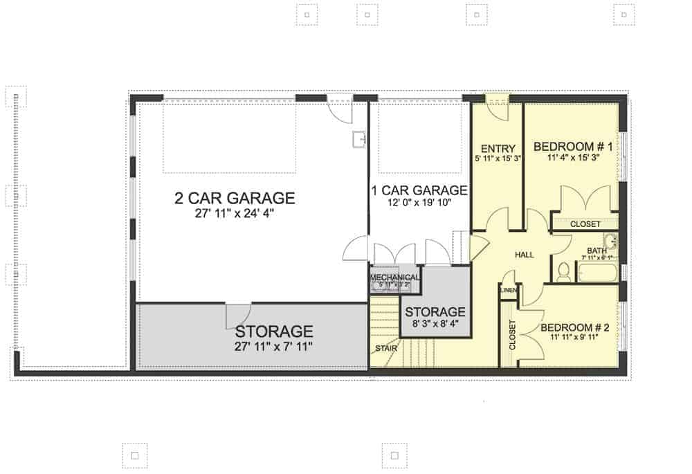 Lower level floor plan with 3-car garage, foyer, two bedrooms, and a full bath.