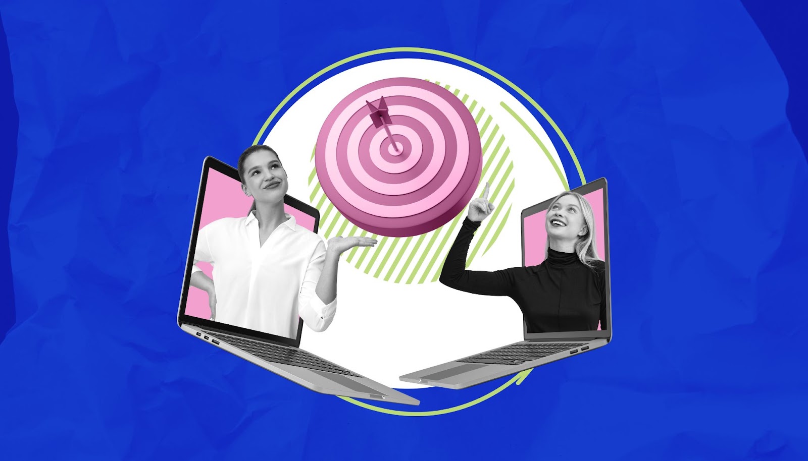 Two women appearing from laptop screens, pointing at a pink bullseye target, representing goal alignment.