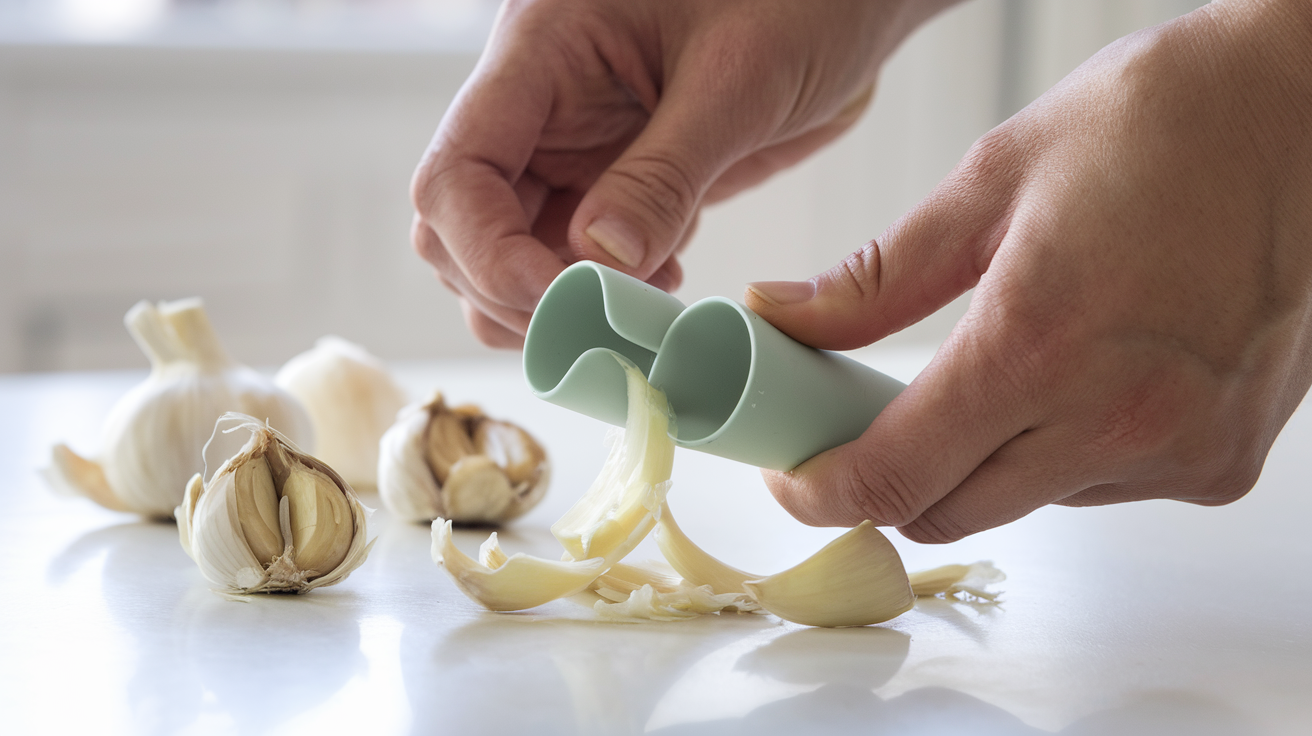 Create a realistic image of a pair of hands using a silicone garlic peeler tube to easily remove garlic skin, with peeled garlic cloves and discarded skins visible on a clean kitchen counter, bright natural lighting emphasizing the ease and cleanliness of the process.