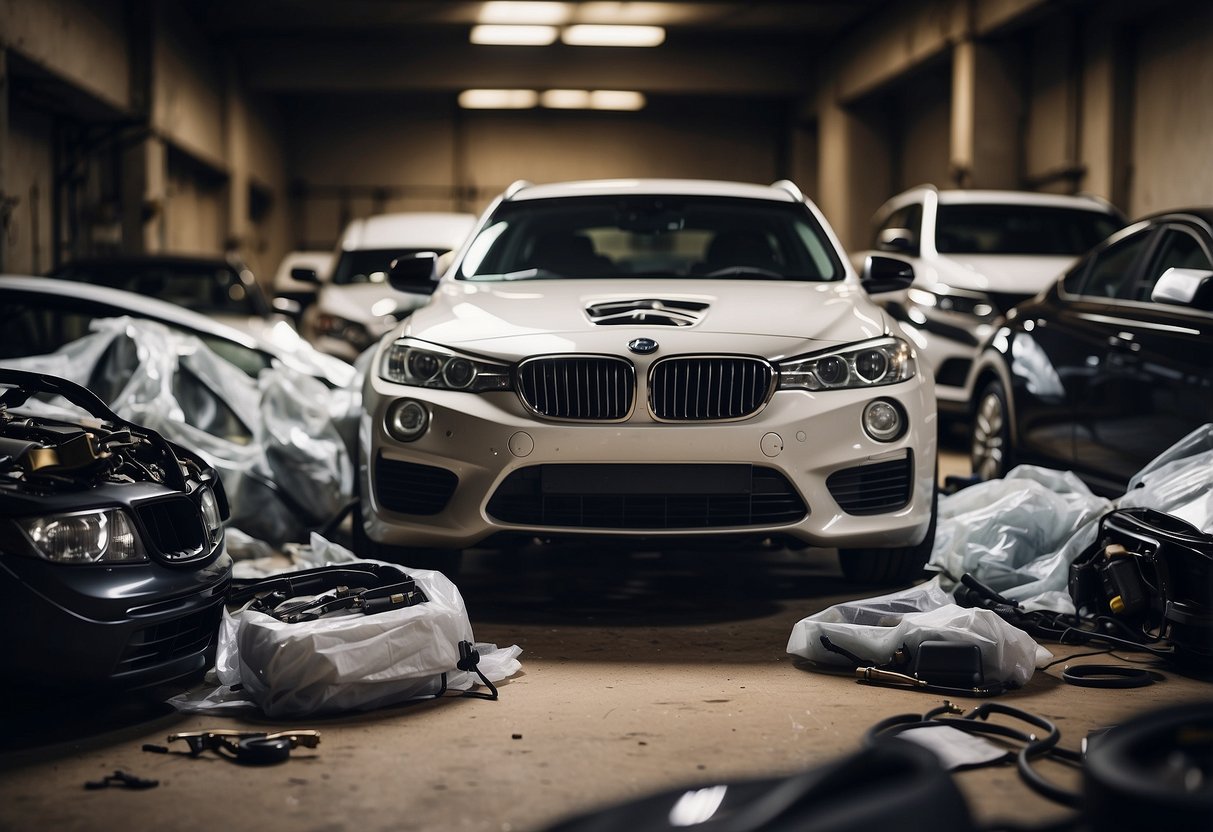 A cluster of crumpled cars from various brands, surrounded by accident investigation equipment and officials. Data charts and graphs display accident statistics