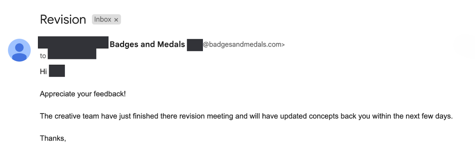 Email showing Badges And Medal's customer service update asking for feedback.