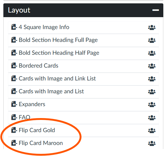 Layout options menu includes Flip Card Gold and Flip Card Maroon