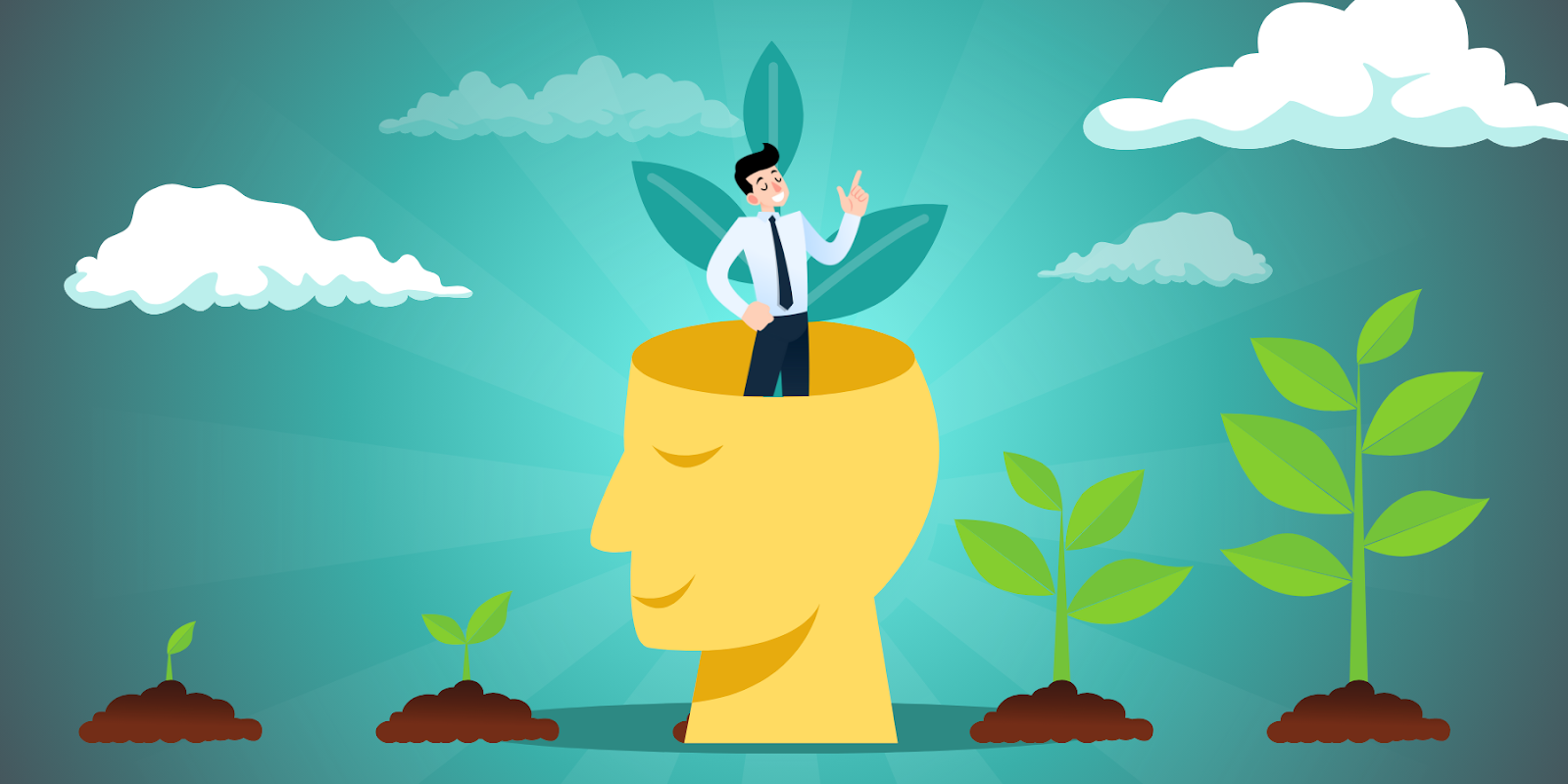 A businessman with a plant growing from his head, symbolizing a growth mindset, surrounded by plants growing on the ground, representing personal and professional growth.