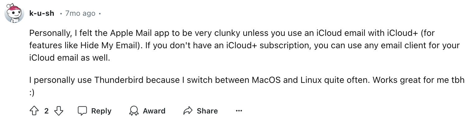 User review of Apple Mail on reddit