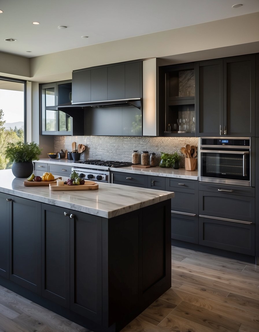 A sleek, modern kitchen with Carbon Contrast 32 Dark Gray cabinets, stainless steel appliances, and a marble countertop