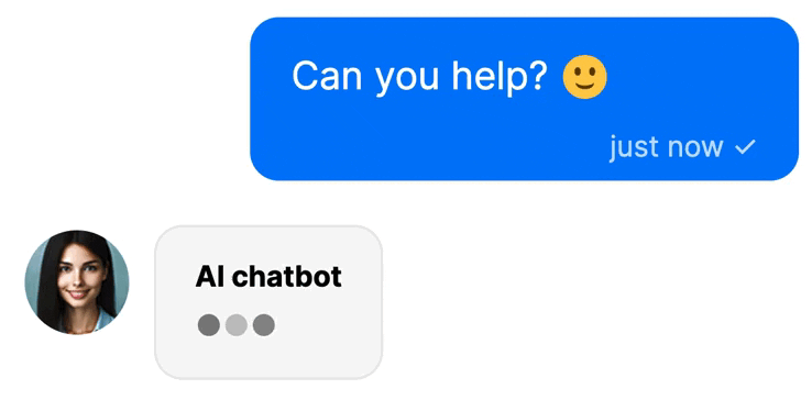 A conversation with one message that states ‘Can you help? 🙂’, and another message from the AI chatbot with a typing indicator.