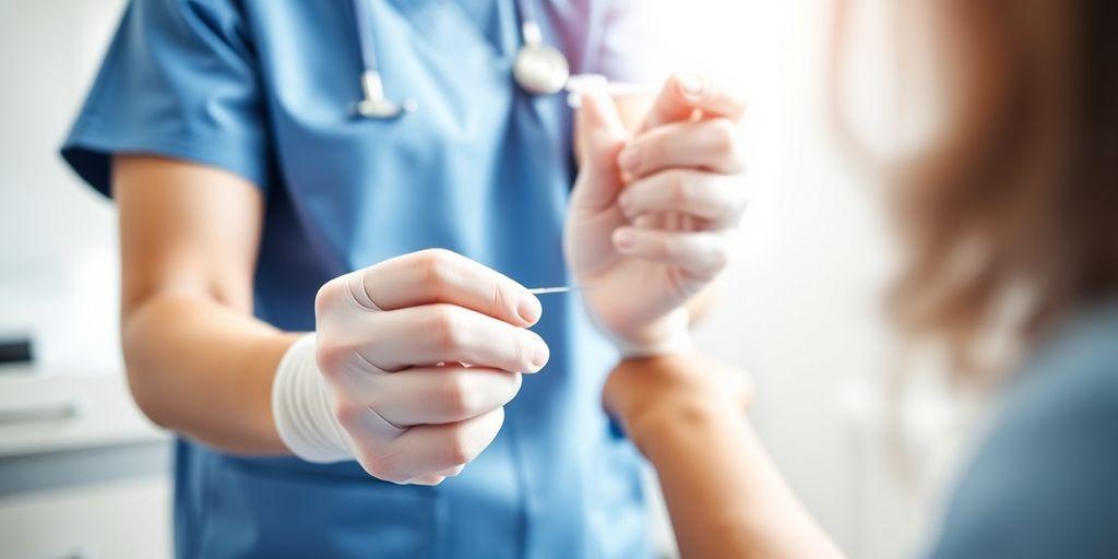 Healthcare professional drawing blood from patient