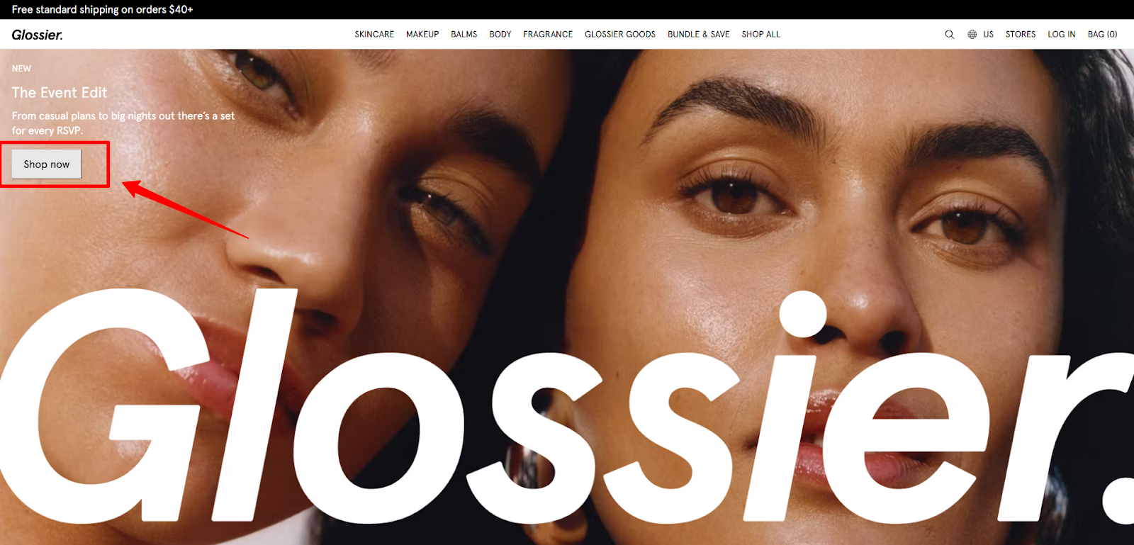 Two individuals with radiant skin closely positioned, emphasizing eye contact and glowing complexions. "Glossier" text overlays, with a "Shop Now" button on the left.
