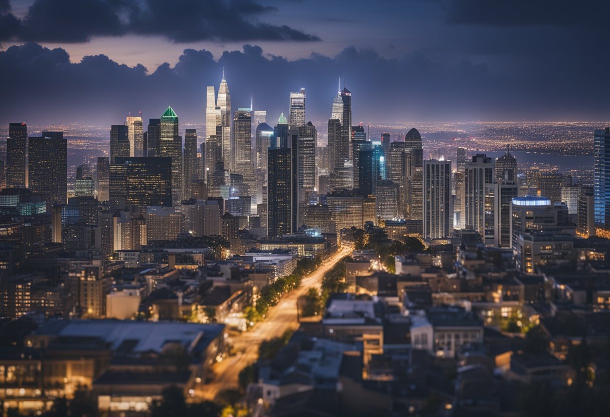 A bustling city skyline with various real estate properties, including houses, apartments, and office buildings. The scene is filled with vibrant colors and a mix of modern and traditional architecture
