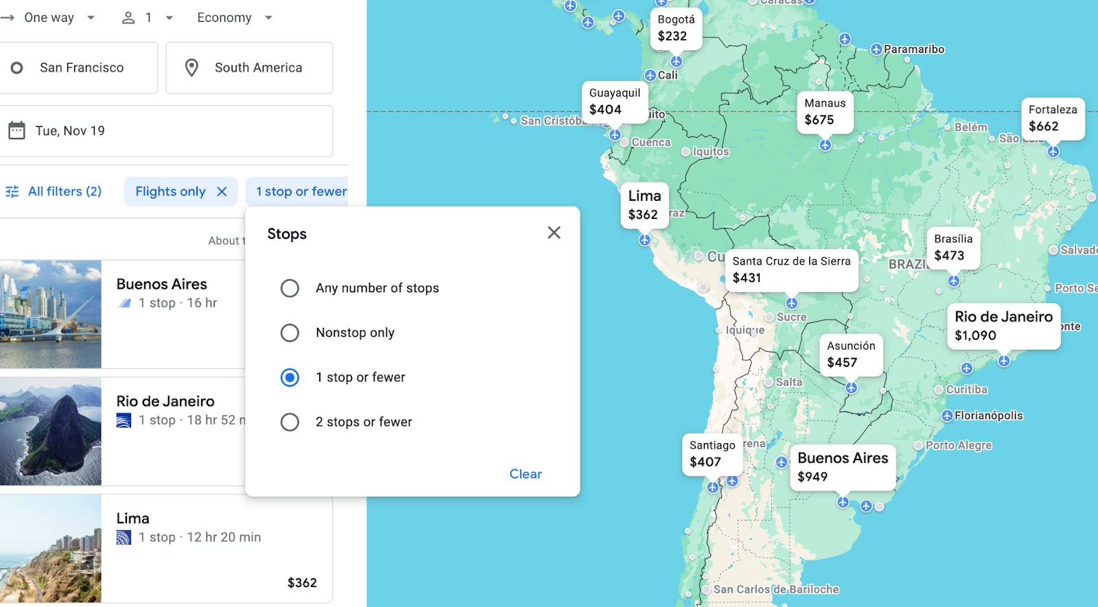Screenshot of Google Flights map showing flight options across South America