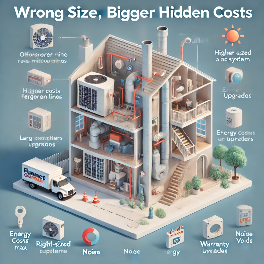 Visual contrast between oversized and properly sized HVAC systems showing impacts on installation, energy, and maintenance expenses."